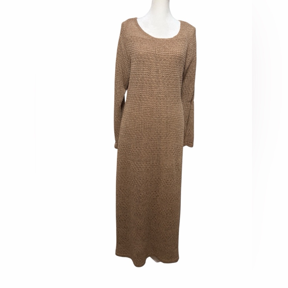 Connected Apparel Tan Open Knit Crochet Maxi Dress Size 14 Lined Boho NWOT